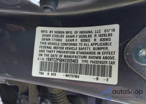 2019 Honda Civic Lx из США, поврежденный, VIN 19XFC2F66KE020403